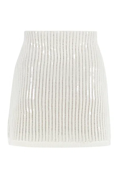 Self-portrait Mini Skirt In Semi-sheer White Knit With Vertical Openwork Stripes In White