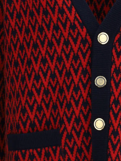 Valentino Garavani Patterned-intarsia Wool Cardigan In Red