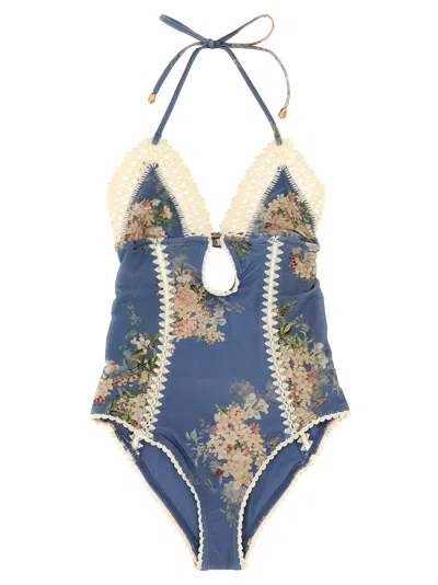 Zimmermann Cascadian Keyhole Crochet One Piece Tea Blue Botanical Floral In Blue