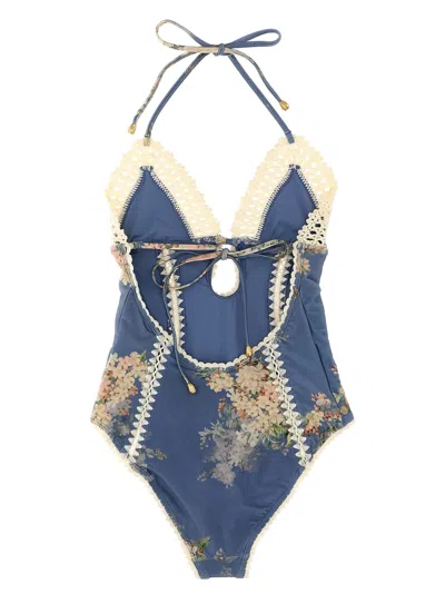 Zimmermann Cascadian Keyhole Crochet One Piece Tea Blue Botanical Floral In Blue
