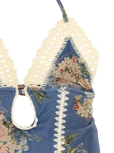 Zimmermann Cascadian Keyhole Crochet One Piece Tea Blue Botanical Floral In Blue