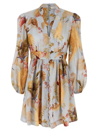 Zimmermann Ascension Light Blue Mini Dress With Flared Skirt And All-over Print In Linen Woman