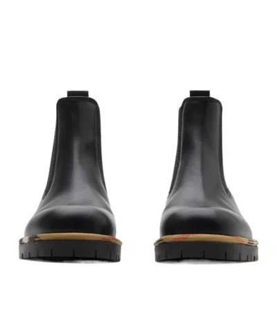 Burberry Smooth Leather Boots With Mesh Side Panels And Textured Detailing In Black