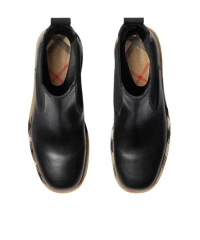 Burberry Smooth Leather Boots With Mesh Side Panels And Textured Detailing In Black