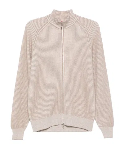 Brunello Cucinelli Cashmere High Neck Zip-up Cardigan With Ribbed Knit In Neutral