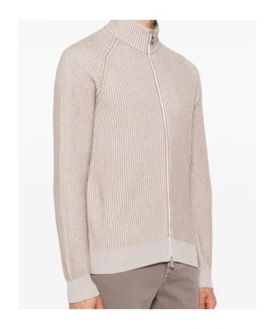 Brunello Cucinelli Cashmere High Neck Zip-up Cardigan With Ribbed Knit In Neutral