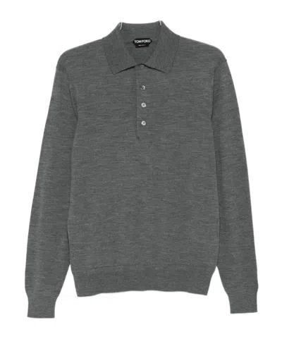 Tom Ford Grey Long-sleeved Polo Shirt With Classic Collar And Refined Trim In Gray