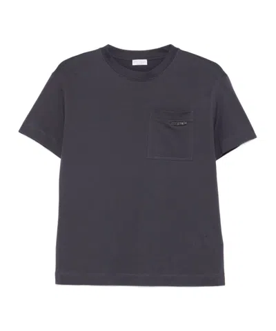 Brunello Cucinelli Crew Neck Cotton T-shirt With Patch Pocket In Blue