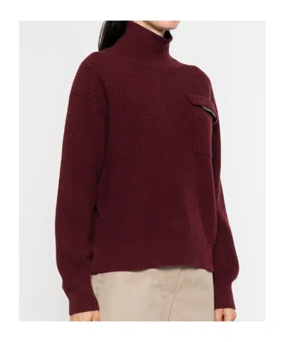 Brunello Cucinelli Cashmere Turtleneck Sweater Chest Pocket In Burgundy