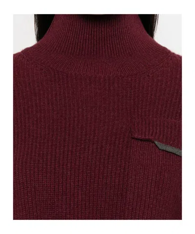Brunello Cucinelli Cashmere Turtleneck Sweater Chest Pocket In Burgundy