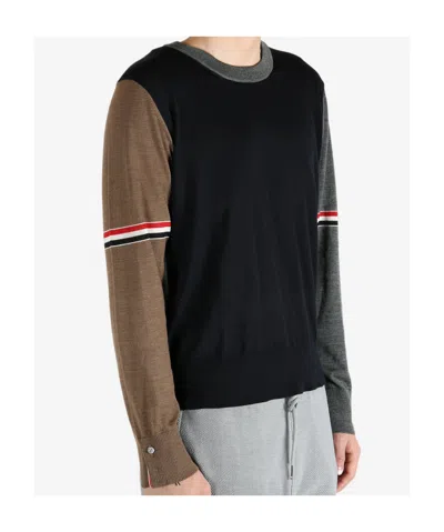 Thom Browne Fun-mix Colorblock Relaxed Virgin Wool Crewneck Sweater In Black