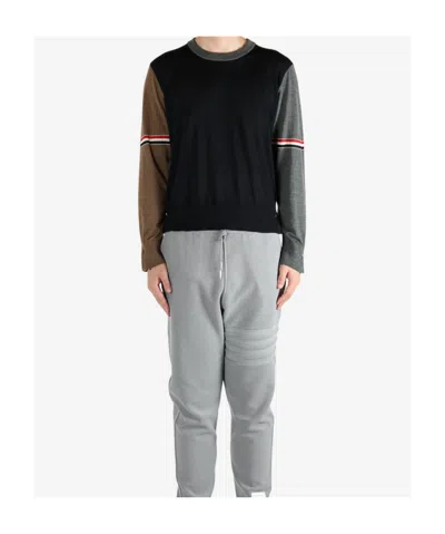Thom Browne Fun-mix Colorblock Relaxed Virgin Wool Crewneck Sweater In Black