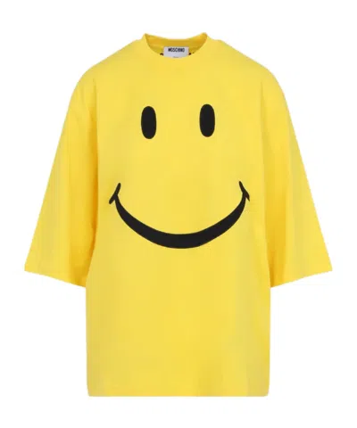 Moschino Smiley Face Graphic T-shirt In Bright Yellow Cotton