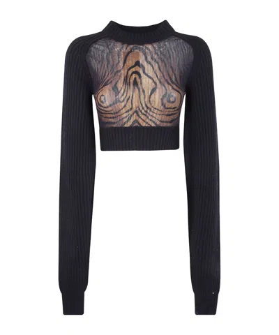 Jean Paul Gaultier Lambswool Ribbed Long Sleeves Cropped Sweater With Printed Mesh Cut Out Details C