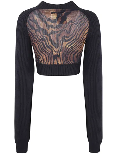 Jean Paul Gaultier Lambswool Ribbed Long Sleeves Cropped Sweater With Printed Mesh Cut Out Details C