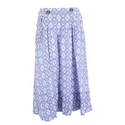 Saloni Della Floral-embroidered Midi Skirt In Blue Linen In Blue