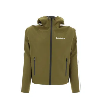 Palm Angels Logo Printed Zip-up Hooded Jacket In Green