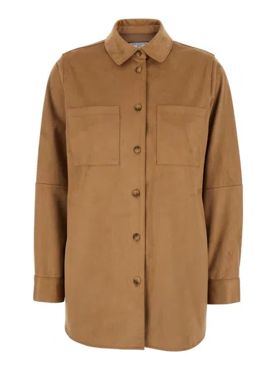 Urbancode Brown Shirt With Classic Collar In Tech Fabric Stretch Woman In Multi
