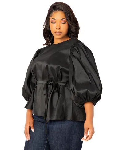 Buxom Couture Tie Waist Voluminous Elbow Sleeve Taffeta Peplum Top In Black