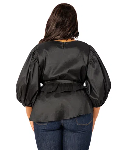 Buxom Couture Tie Waist Voluminous Elbow Sleeve Taffeta Peplum Top In Black