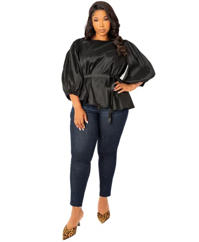Buxom Couture Tie Waist Voluminous Elbow Sleeve Taffeta Peplum Top In Black
