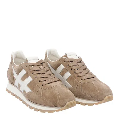 Hogan Soft Suede Sneakers With Contrasting Accents In Brown