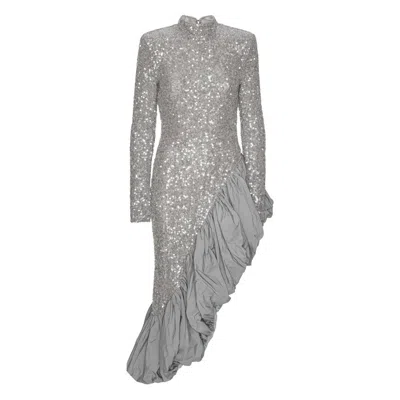 Rotate Birger Christensen Asymmetrical Silver Dress With Sequins In Gray