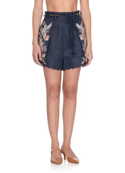 Zimmermann Rhiannon Blue Shorts With Removable Belt And Floral Embroidery On The Side In Linen Woman In Black