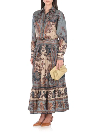 Zimmermann Womens Blue Cream Indienne Ascension Tiered Silk Midi Skirt Xs In Brown