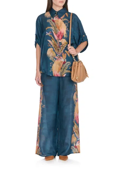 Zimmermann Womens Dark Blue Palm Floral Ascension Relaxed-fit Silk Shirt Xs In Blue