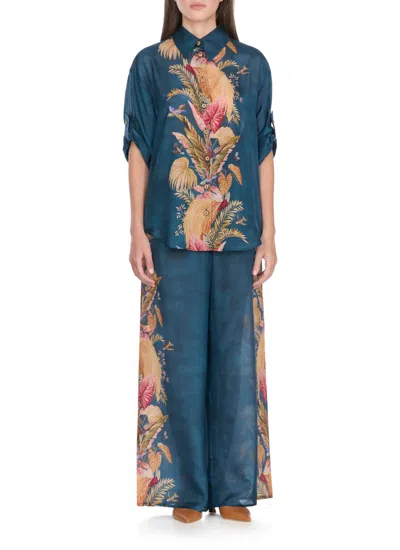 Zimmermann Womens Dark Blue Palm Floral Ascension Relaxed-fit Silk Shirt Xs In Blue