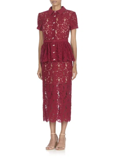 Self-portrait Bordeaux Lace Peplum Midi Dress In Burgundy