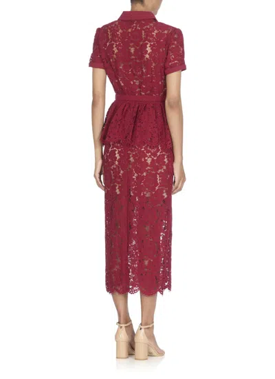 Self-portrait Bordeaux Lace Peplum Midi Dress In Burgundy