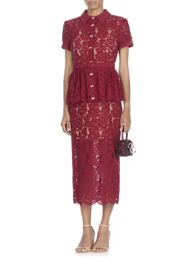 Self-portrait Bordeaux Lace Peplum Midi Dress In Burgundy