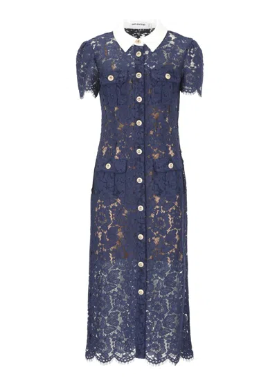 Self-portrait Navy Blue Dress With Front Button Fastening In Pink