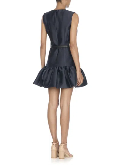 Self-portrait Crew Neck Taffeta Mini Dress With Ruffled Hem In Blue
