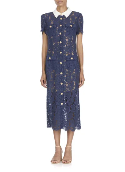 Self-portrait Navy Blue Dress With Front Button Fastening In Pink