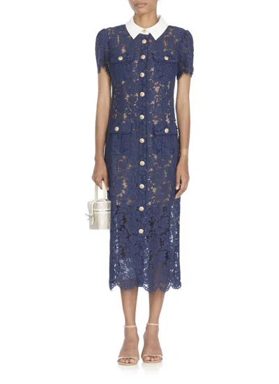 Self-portrait Navy Blue Dress With Front Button Fastening In Pink