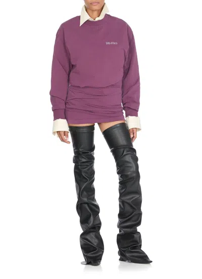 Attico Burgundy Draped Mini Dress With Long Sleeves In Purple