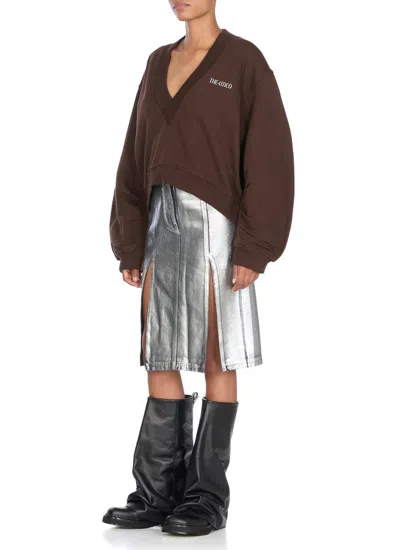 Attico Cropped V-neck Sweatshirt With Ribbed Cuffs And Hem In Brown