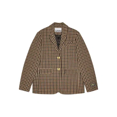 Ganni Check Wool Mix Oversized Blazer Jackets Brown In Brown