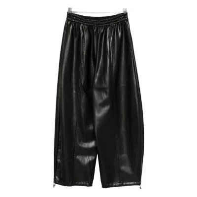 Pinko Wide Leg Faux Leather Trousers With Drawstring Hem In Black