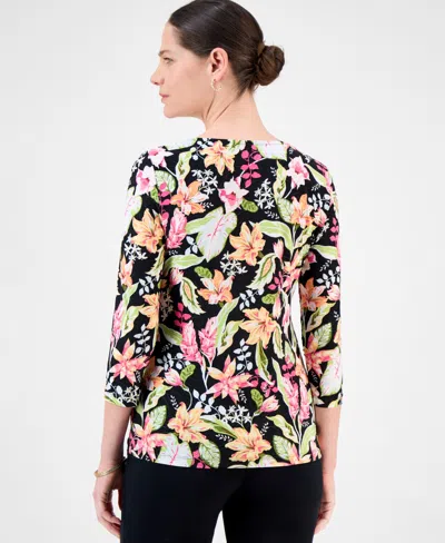 Jm Collection Women's Printed 3/4 Sleeve Scoop-neck Jacquard Top, Exclusively At Macy's