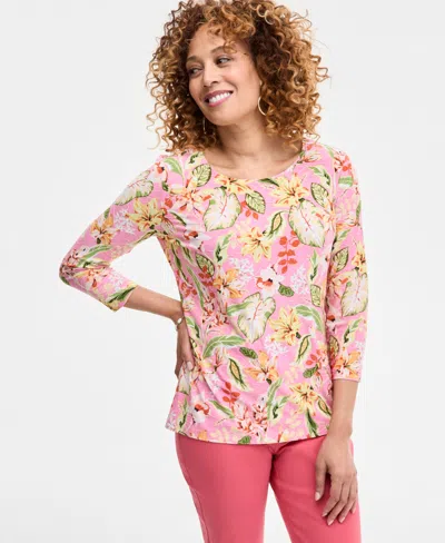 Jm Collection Women's Printed 3/4 Sleeve Scoop-neck Jacquard Top, Exclusively At Macy's In Multi