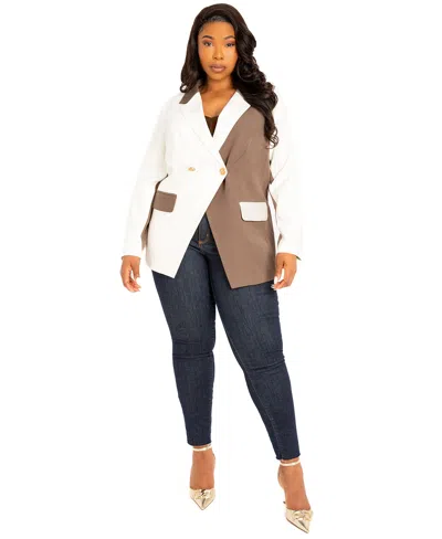 Buxom Couture Plus Size Contrast Double Breasted Blazer