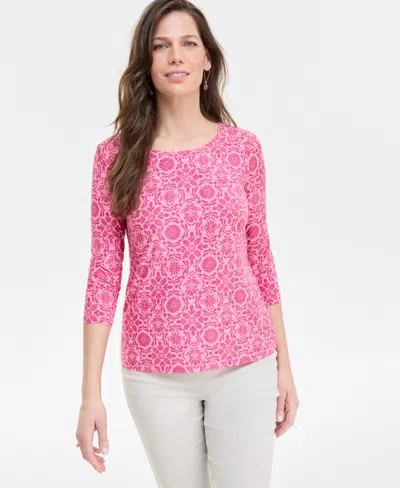 Jm Collection Women's Printed 3/4 Sleeve Scoop-neck Jacquard Top, Exclusively At Macy's