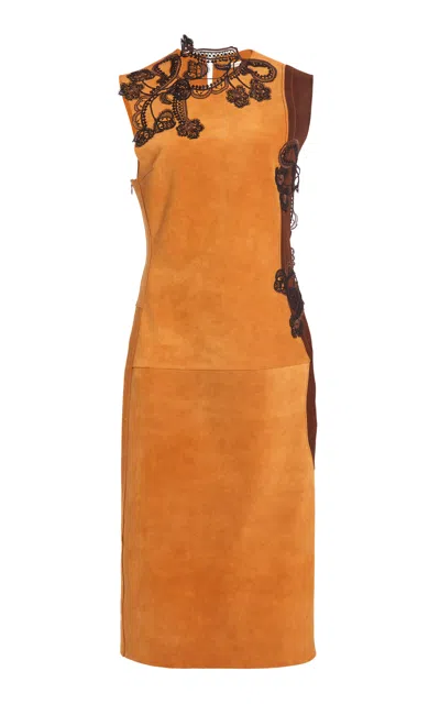 Christopher Esber Noctelle Lace Side Cutaway Suede Midi Dress