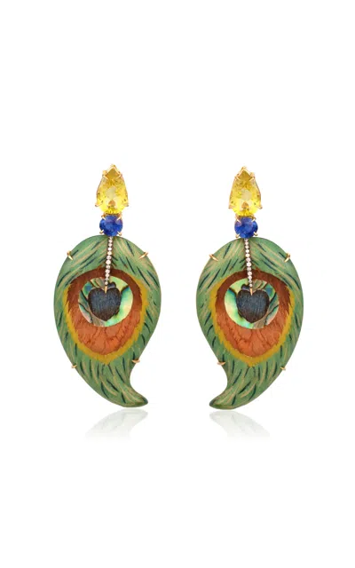 Silvia Furmanovich 18k Yellow Gold Irregular Drop Marquetry Peacock Earrings