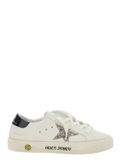 Golden Goose May White Low Top Sneakers With Glittered Star Patch And Contrasting Heel With Logo Lettering In Lea In White