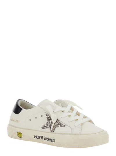 Golden Goose May White Low Top Sneakers With Glittered Star Patch And Contrasting Heel With Logo Lettering In Lea In White